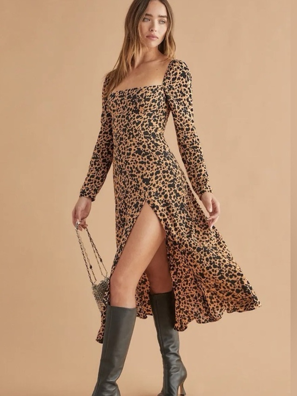 NWOT Reformation Sigmund Midi Dress Blitz Lepoard Print Side Slit Size 4 Flowy